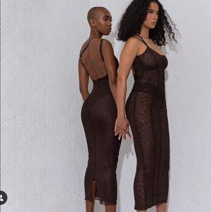 Brown layered mesh midi dress